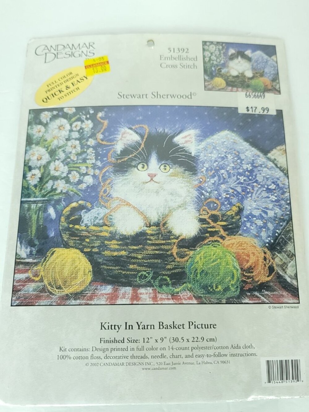 Candamar Designs #51392 Kitty in Yarn Basket Embellished Cross Stitch Kit NEW
